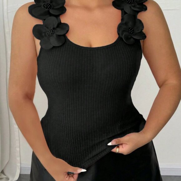 Elenzga Plus Size 14 1XL Women 3D Floral Decor Ribbed Square Neck Tank Top Black - Picture 3 of 5